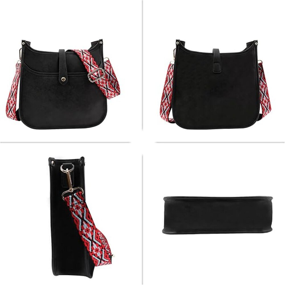 NWOT! Black Faux Leather Purse Shoulder Crossbody Bag with Embroidered Strap - Picture 5 of 12